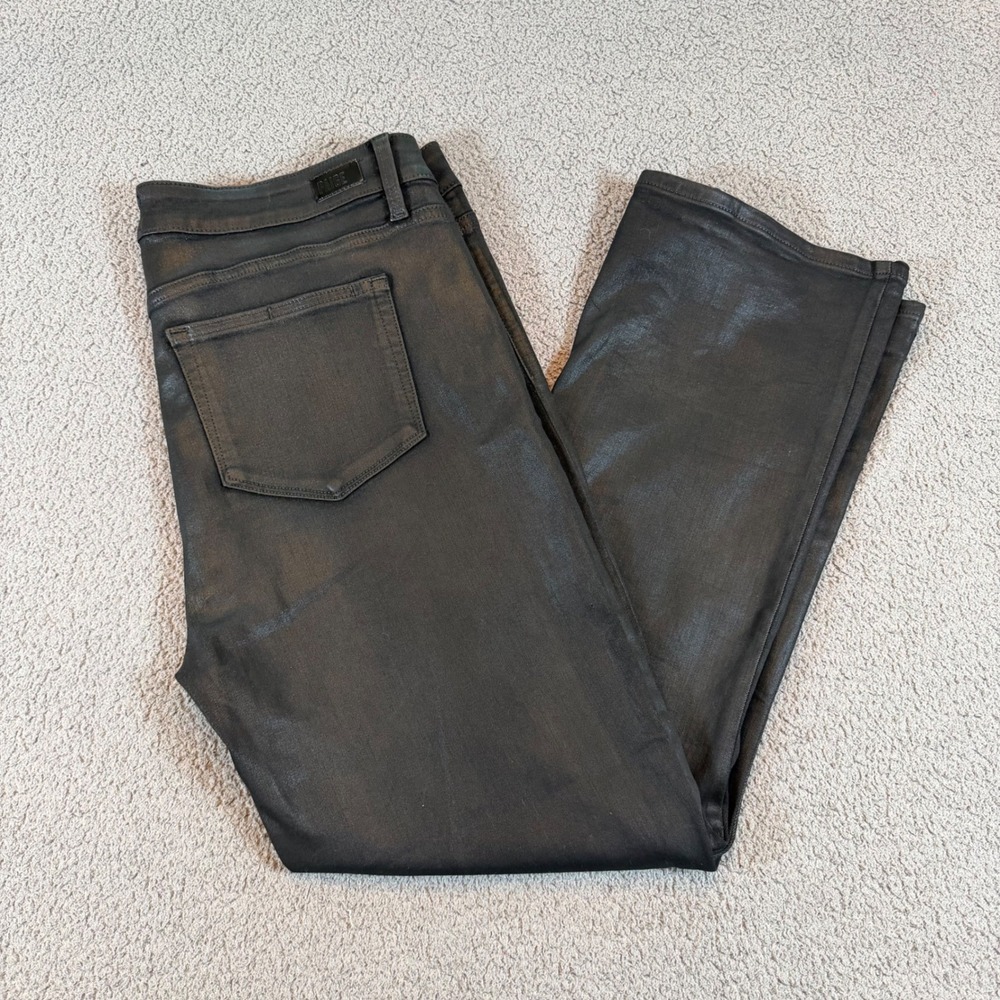 PAIGE Claudine Black Fog Luxe Coating Ankle Flare Jeans High Rise Size 33 W3364